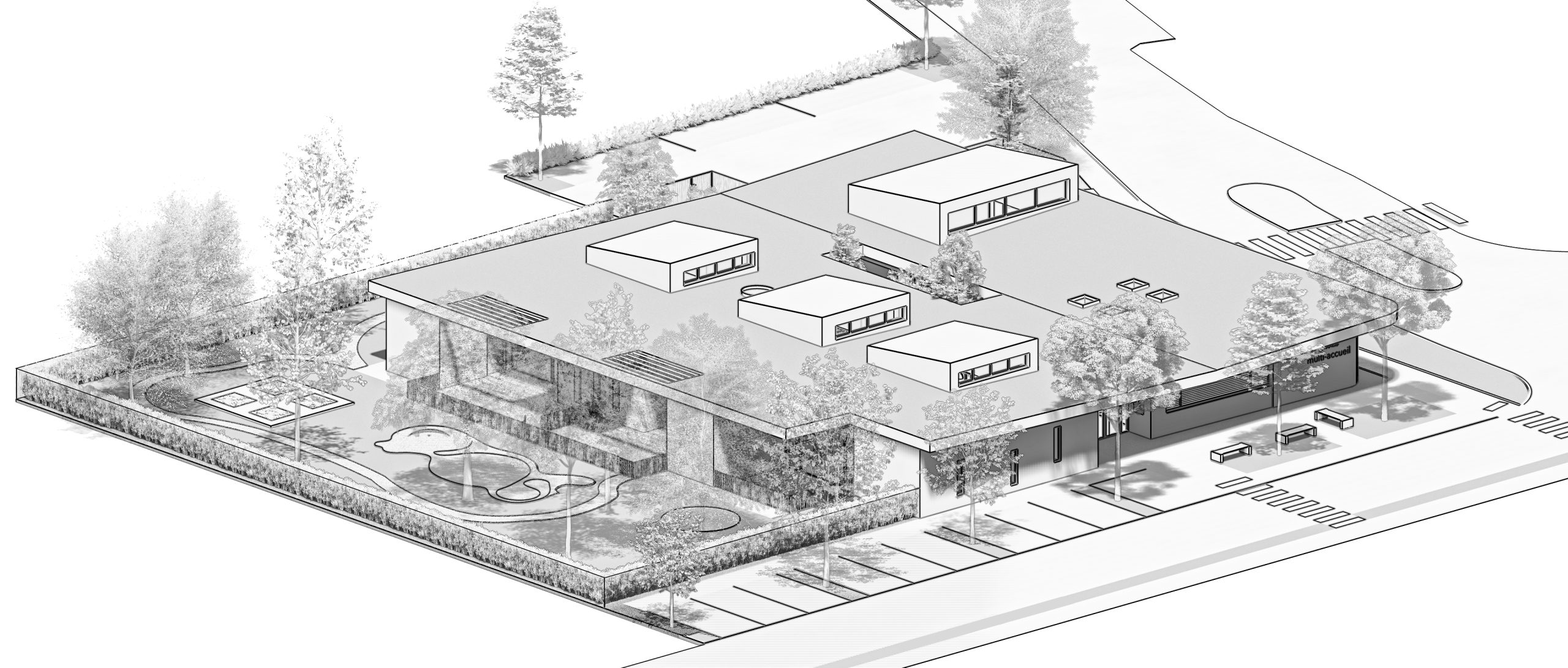 Architecte Alsace Guebwiller Wagner perspectives agence architecture construction renovation extension rehabilitation agencement urbanisme BBC RE2020 biosourcé toiture végétalisé Blotzheim école multiaccueil crèche patio bois brique concours