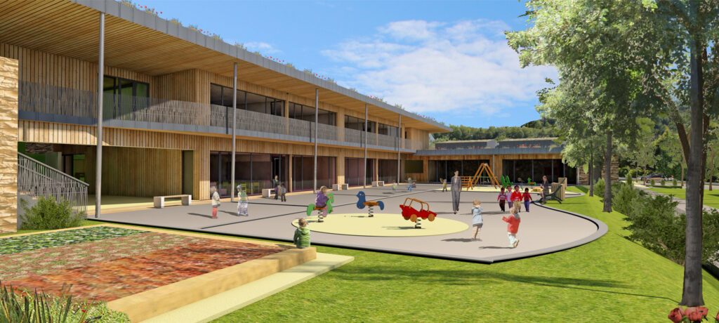 Architecte Alsace Guebwiller Wagner perspectives agence architecture construction rénovation extension réhabilitation agencement urbanisme BBC RE2020 biosourcé concours école groupe scolaire Robelin Ferrette bardage bois périscolaire zinc