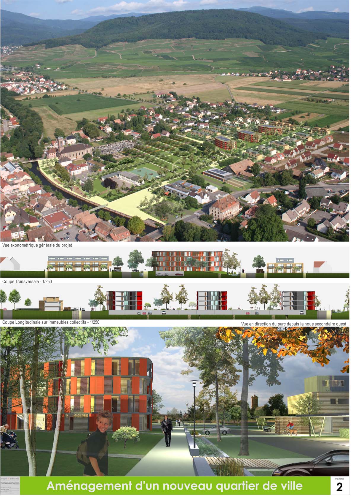 Architecte Alsace Guebwiller Wagner perspectives agence architecture construction rénovation extension réhabilitation agencement urbanisme BBC RE2020 biosourcé toiture végétalisé urbanisme concours Issenheim quartier innovant ville verger parc