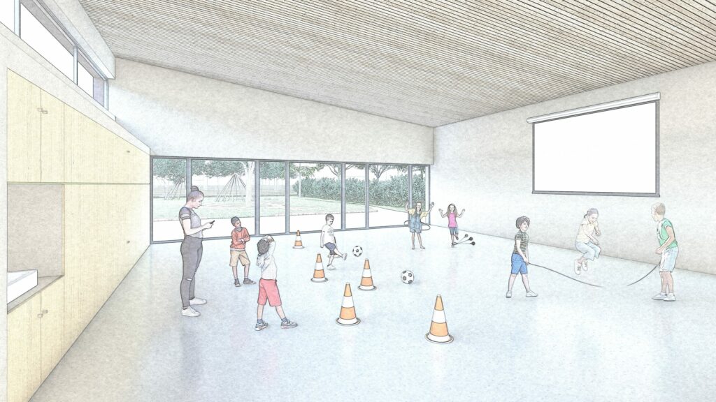 Architecte Alsace Guebwiller Wagner perspectives agence architecture construction renovation extension rehabilitation agencement urbanisme BBC RE2020 biosourcé toiture végétalisé Baldersheim école multiaccueil crèche patio bois brique concours