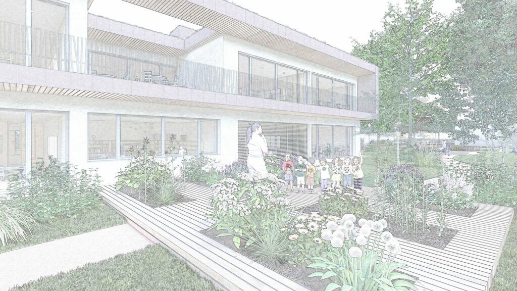 Architecte Alsace Guebwiller Wagner perspectives agence architecture construction renovation extension rehabilitation agencement urbanisme BBC RE2020 biosourcé toiture végétalisé Baldersheim école multiaccueil crèche patio bois brique concours