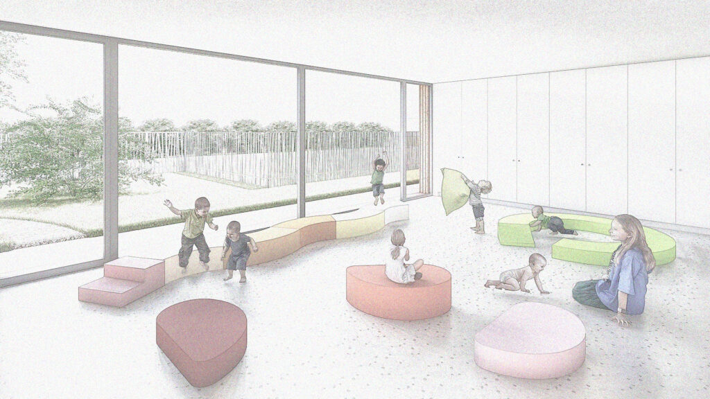 Architecte Alsace Guebwiller Wagner perspectives agence architecture construction renovation extension rehabilitation agencement urbanisme BBC RE2020 biosourcé toiture végétalisé Blotzheim école multiaccueil crèche patio bois brique concours