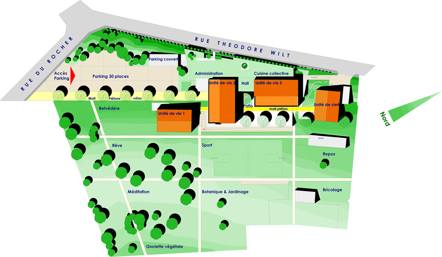 Architecte Alsace Guebwiller Wagner perspectives agence architecture construction rénovation extension réhabilitation agencement urbanisme BBC RE2020 biosourcé école guebwiller parc place paysage lieu de rencontre cheminement patio