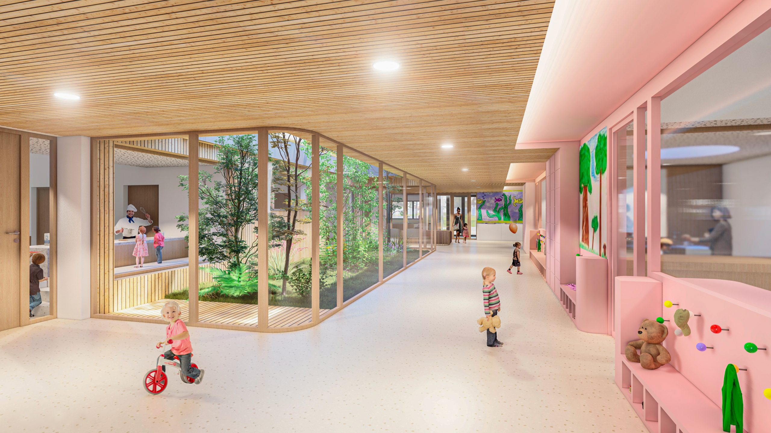 Architecte Alsace Guebwiller Wagner perspectives agence architecture construction renovation extension rehabilitation agencement urbanisme BBC RE2020 biosourcé toiture végétalisé Blotzheim école multiaccueil crèche patio bois brique concours